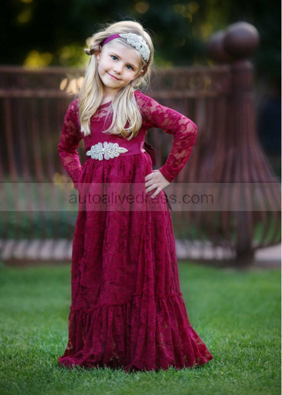 Long Sleeve Burgundy Lace Floor Length Flower Girl Dress